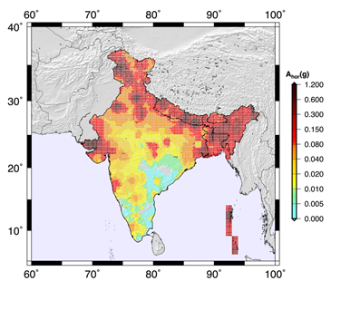 Figure indicates the Earthquake Hazard of India, high risk (0.6 to1.2g) to low risk (0 to 0.01g)